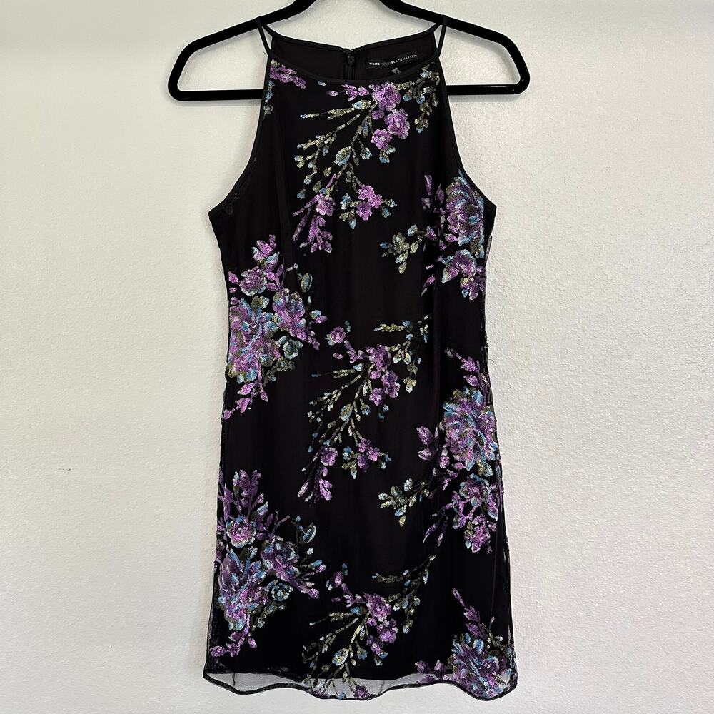 White House Black Market Floral Sequins Purple High Neck Cocktail Mini Dress 2